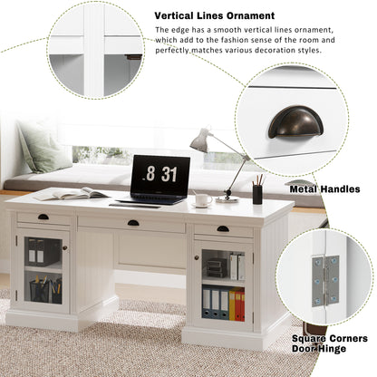 67" White Executive Desk with 2 Glass Door Cabinets, 3 Drawers & Built-in USB Ports - Modern Home Office Workstation