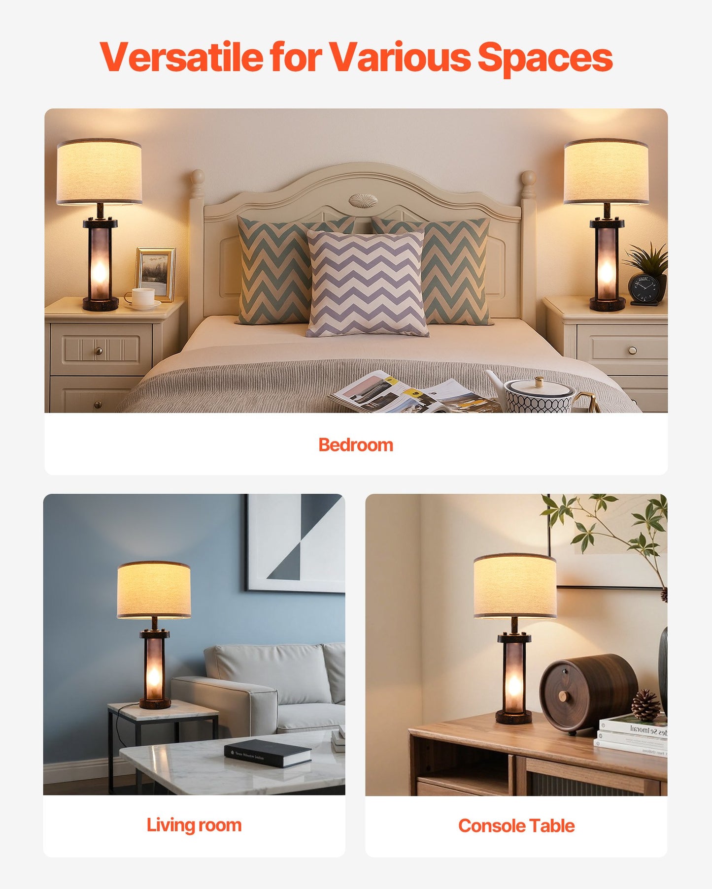 Farmhouse Bedside Table Lamps Set of 2 with USB Ports - Nightstand Desk Lamps for Bedroom