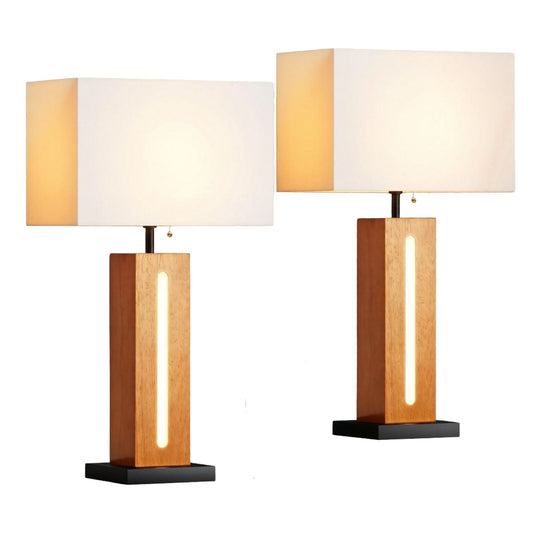Farmhouse Bedside Table Lamps Set of 2 - Dimmable LED Nightlight, Wood Grain & Linen Shade