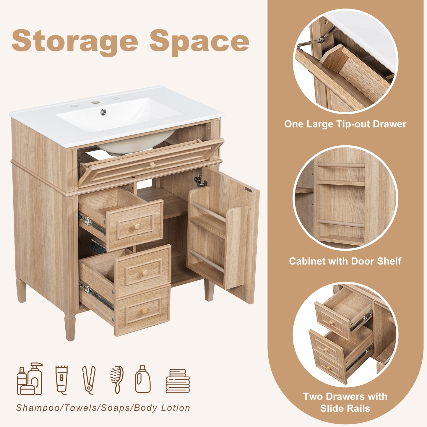 30" Bathroom Vanity with Sink - Light Oak, Solid Wood & MDF, Soft-Close Drawers & Door