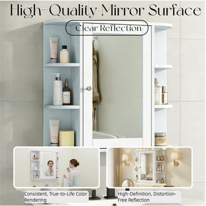 Bathroom Wall Storage Cabinet With Mirror, Medicine Cabinet With Adjustable Wood Shelf & Doors, Mounted Storage Cabinets With 6 Open Shelves, White