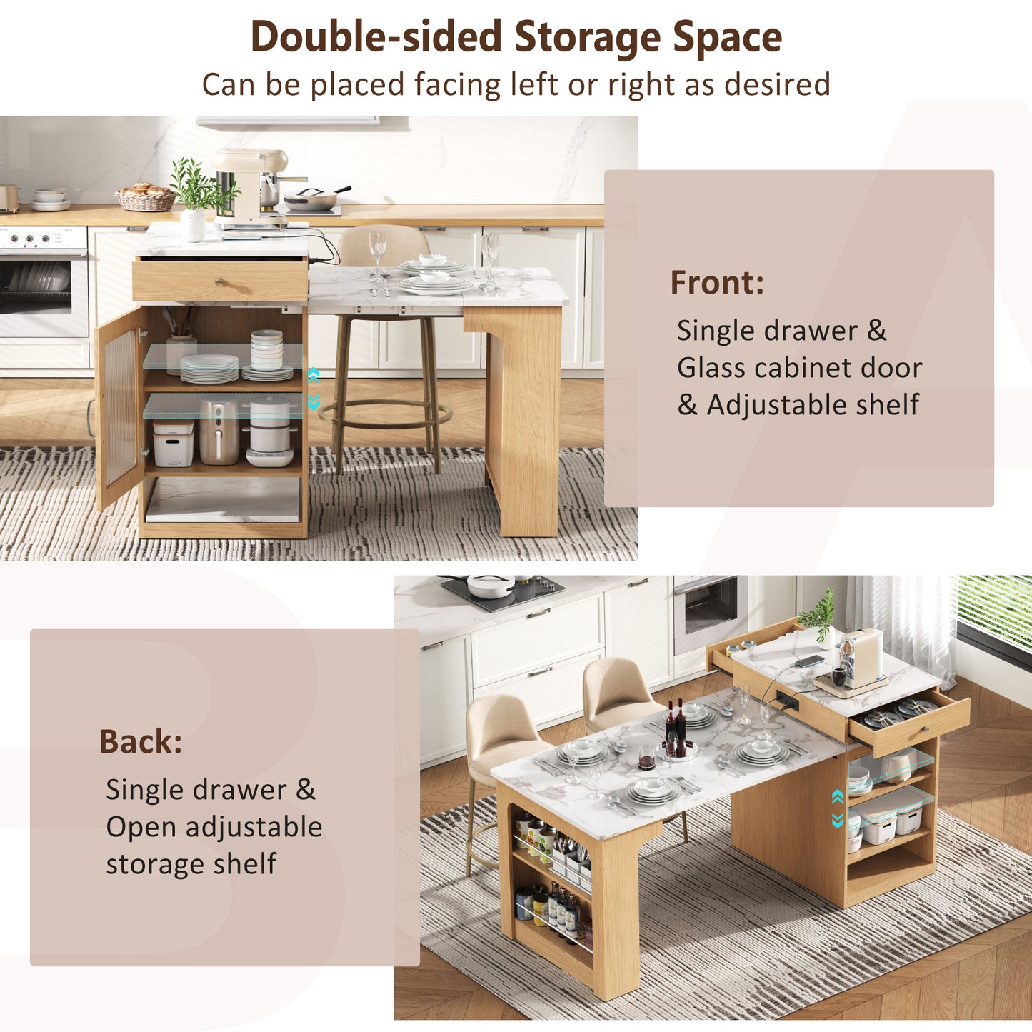 59.5" Kitchen Island with Extendable Dining Table, 2 Drawers, Power Outlet, Double-sided Storage and Open Shelves, Natural