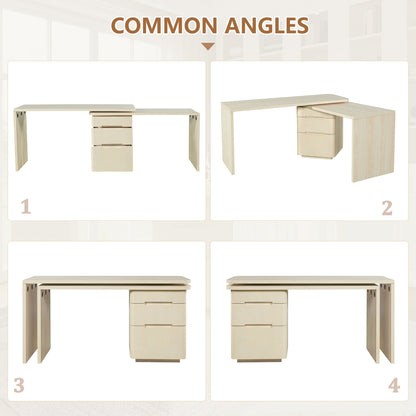 90" L-Shaped Executive Desk with 3 Drawers & 360° Rotating Corner - Modern Home Office Workstation, Natural Wood