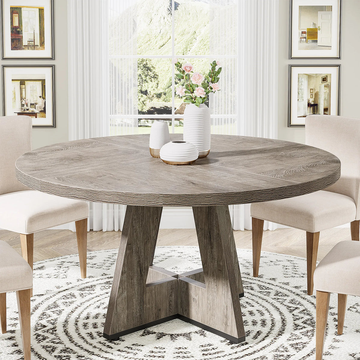 Round Dining Table for 4-6, 47" Kitchen Table with Pedestal Base and Thick MDF Top, Grey