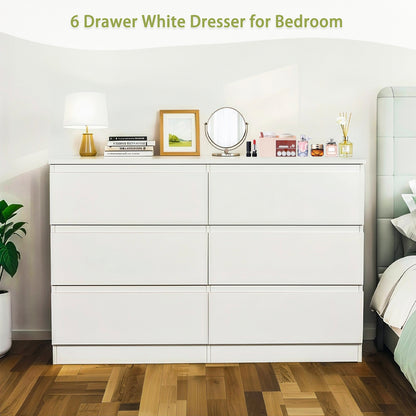 6-Drawer White Dresser with Concealed Handles & Spacious Countertop - Modern Bedroom Storage Cabinet