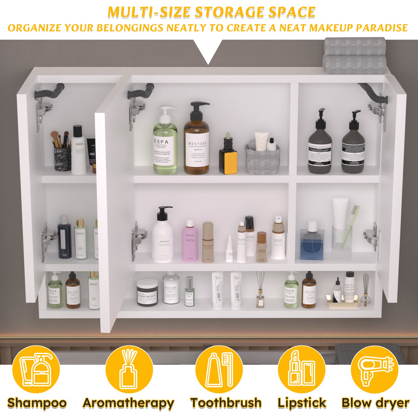 Modern 39x28 Inches Aluminium Bathroom Cabinets  Medicine Cabinets With Mirrors And LED Lights  Bathroom Storage Cabinet With Multilevel Storage Compartments