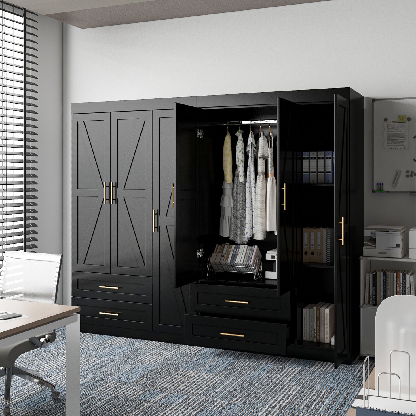 Shaker Style Classic Three-Door Wardrobe, Wood Bedroom Armoire With Hanging Rod And Shelves, Spacious Storage Closet, Modern Farmhouse Design, Black