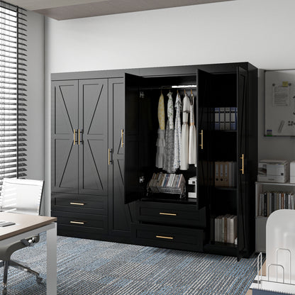 Shaker Style Classic Three-Door Wardrobe, Wood Bedroom Armoire With Hanging Rod And Shelves, Spacious Storage Closet, Modern Farmhouse Design, Black