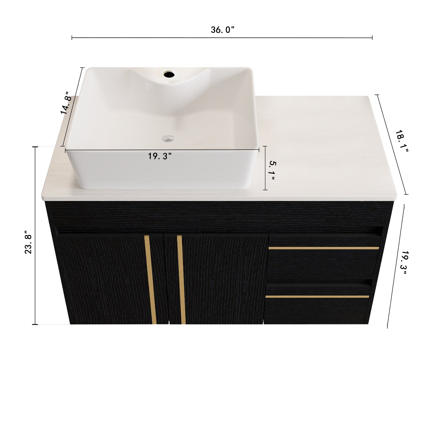 36  Wall-Mounted Bathroom Vanity With Vessel Ceramic Sink & Plywood Countertop -Soft-Close Door & Drawers, Floating Design