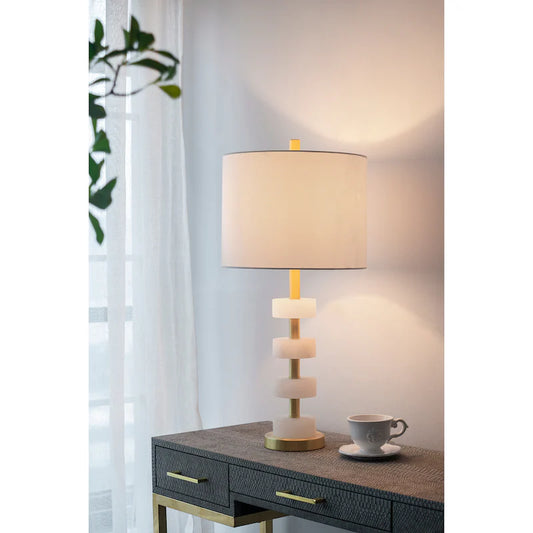 White and Gold Marble Table Lamp - 13x13x26 inch Luxury Bedside Nightstand Lamp