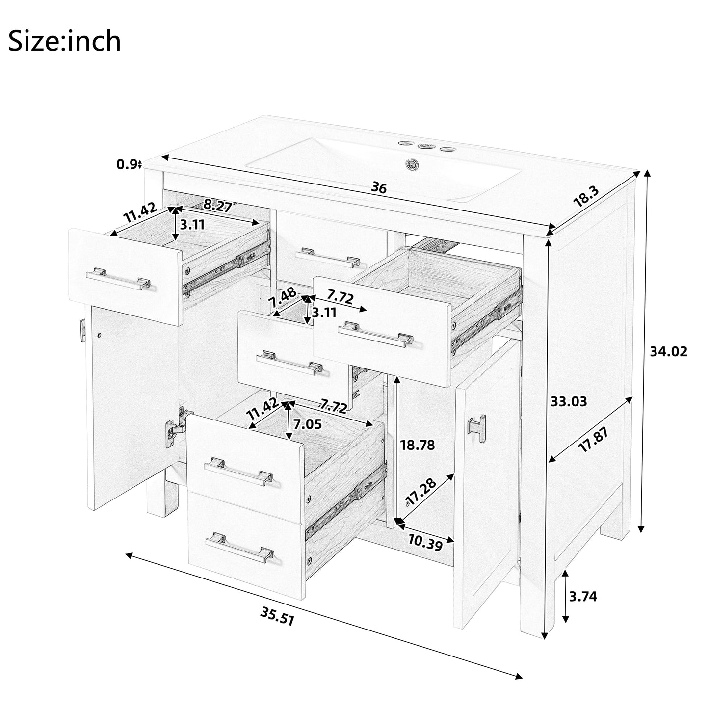 36'' Bathroom Vanity With Ceramic Sink Combo Set, Modern Freestanding Single Bathroom Cabinet With 4 Drawers & 2 Cabinets,Storage Cabinet For Bathroom, Solid Wood Frame Vanity Set, Green
