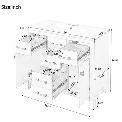 36'' Bathroom Vanity With Ceramic Sink Combo Set, Modern Freestanding Single Bathroom Cabinet With 4 Drawers & 2 Cabinets,Storage Cabinet For Bathroom, Solid Wood Frame Vanity Set, Green