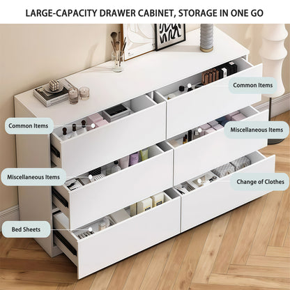 6-Drawer White Dresser with Concealed Handles & Spacious Countertop - Modern Bedroom Storage Cabinet