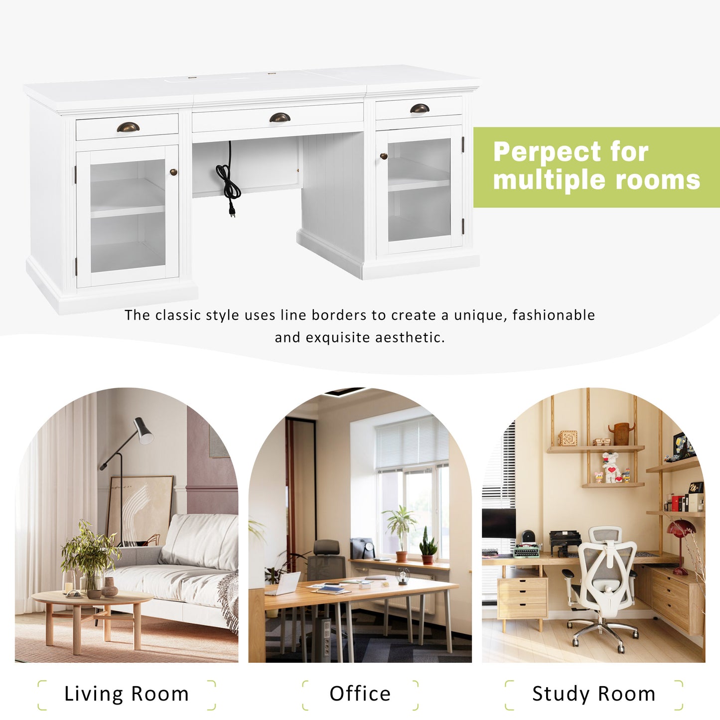 67" White Executive Desk with 2 Glass Door Cabinets, 3 Drawers & Built-in USB Ports - Modern Home Office Workstation