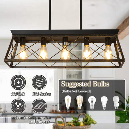 32-Inch Black Gold Industrial Pendant Chandelier - 5-Light, Metal Cage, Adjustable Height, No Bulbs
