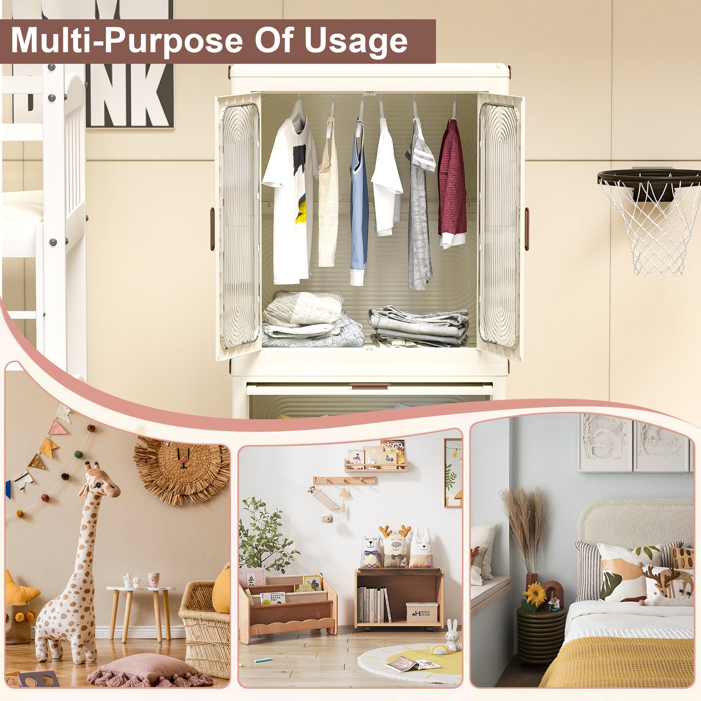 Portable Wardrobe Closet with 4 Cubes, Magnetic Doors & Hanging Rod - 10 Hangers Included, Cream White