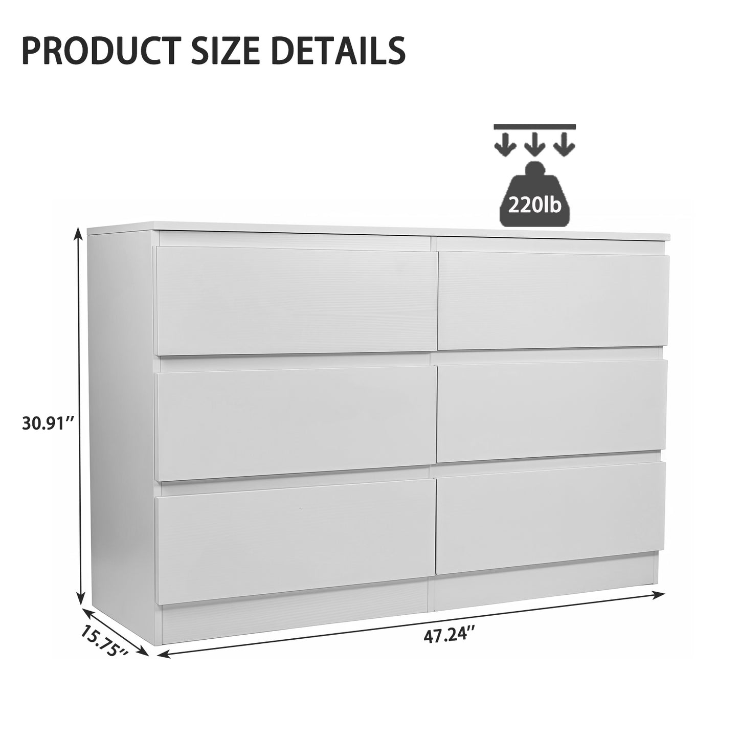 6-Drawer White Dresser with Concealed Handles & Spacious Countertop - Modern Bedroom Storage Cabinet