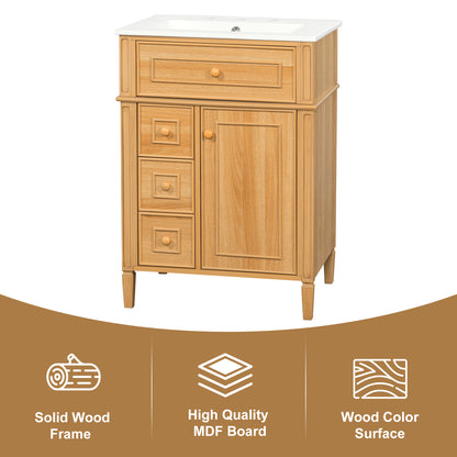 Bathroom Vanity With Sink, Wood Vanity Cabinet With Flip-Out Drawer, 2 Soft-Close Drawers, 1 Soft-Close Door, Solid Wood & MDF, Elegant Wood Handles, Warm Oak