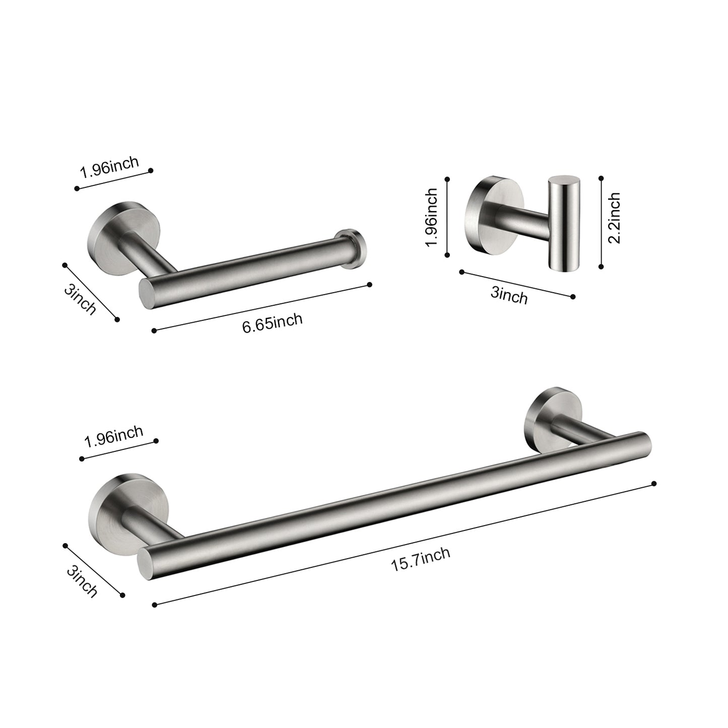 3-Pieces Bathroom Hardware Accessories Set - Towel Bar, Toilet Paper Holder, Robe Towel Hooks