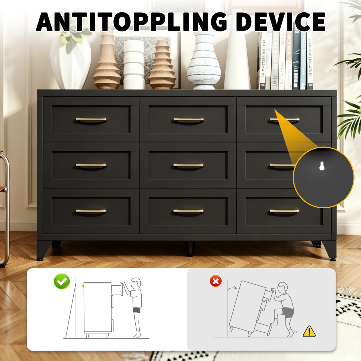 9-Drawer Black Metal Dresser - Eco-Friendly Steel Chest with Quiet-Glide Rails & Anti-Tip Kit