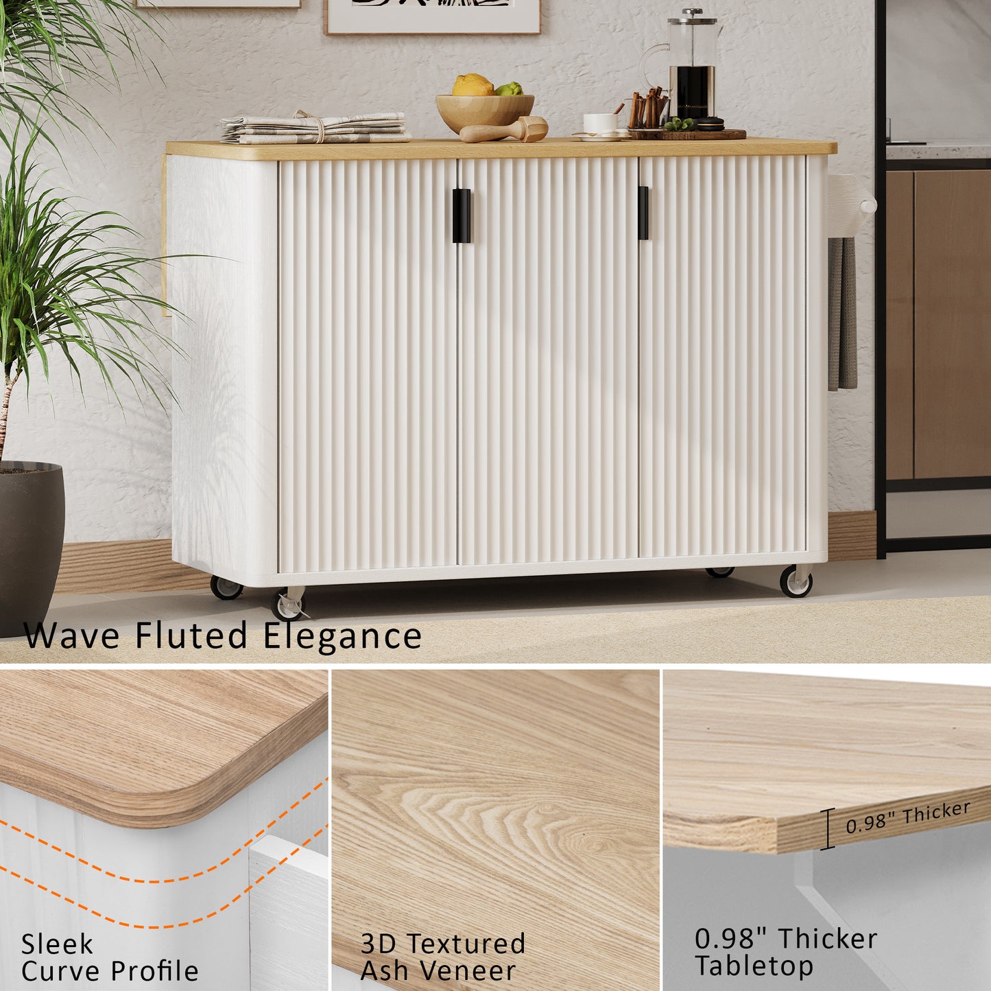 51" Fluted Kitchen Island with Drop Leaf, Rolling Kitchen Cart with Internal Storage Rack and Towel Rack, White