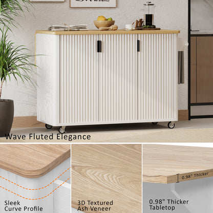 51" Fluted Kitchen Island with Drop Leaf, Rolling Kitchen Cart with Internal Storage Rack and Towel Rack, White