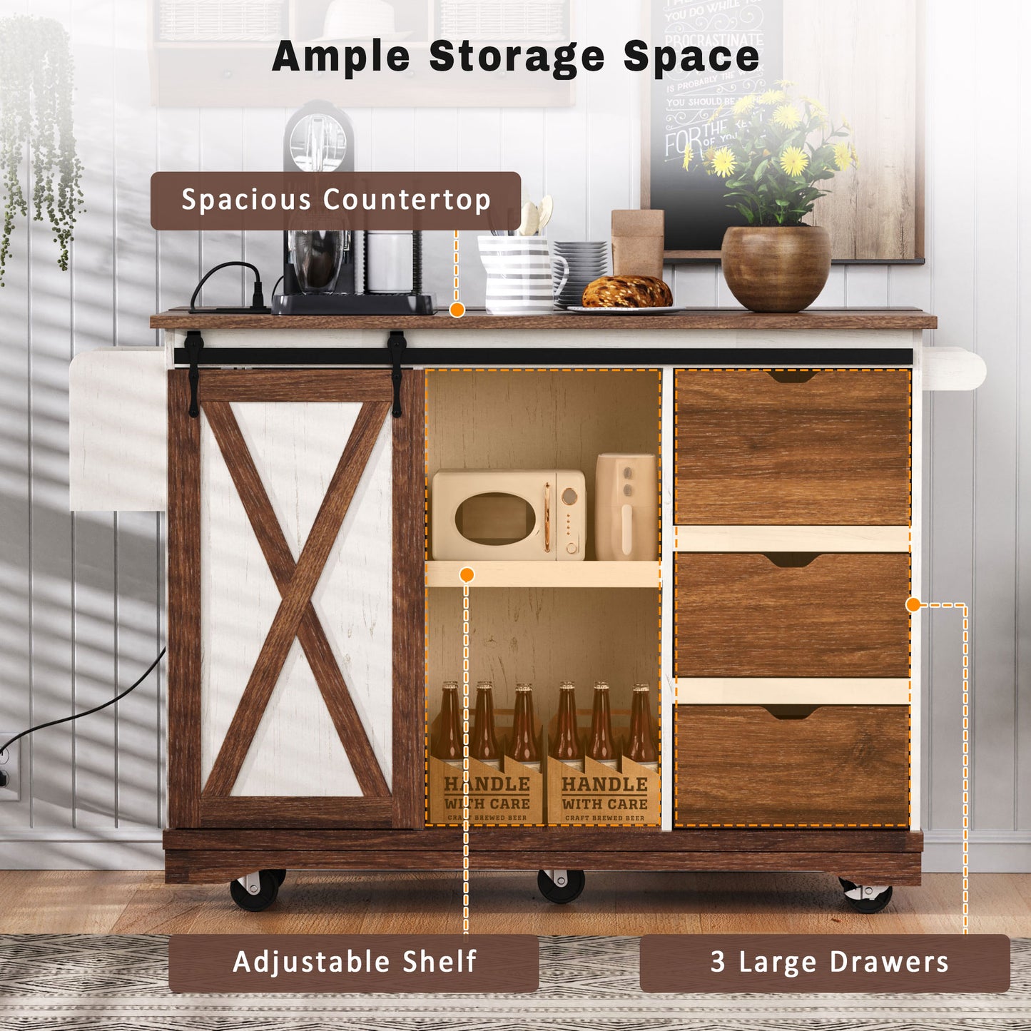 55.5" Farmhouse Kitchen Island with Drop Leaf, Sliding Barn Door, Power Outlet and Spice Rack, Rolling Kitchen Cart, White