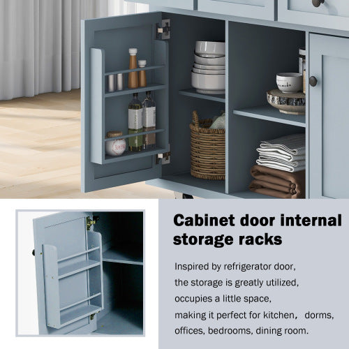 Kitchen Island with Rubberwood Folding Leaf Countertop, 3 Drawers, Cabinet with Interior Shelves and 5 Wheels, Blue
