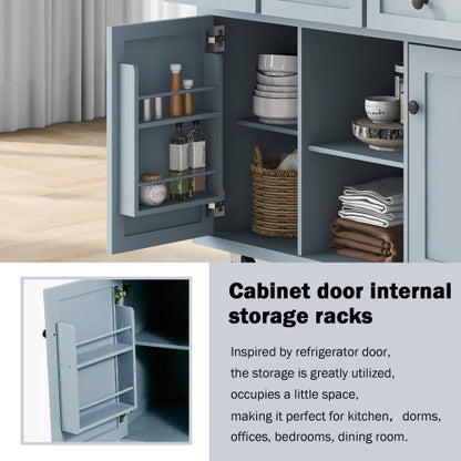 Kitchen Island with Rubberwood Folding Leaf Countertop, 3 Drawers, Cabinet with Interior Shelves and 5 Wheels, Blue