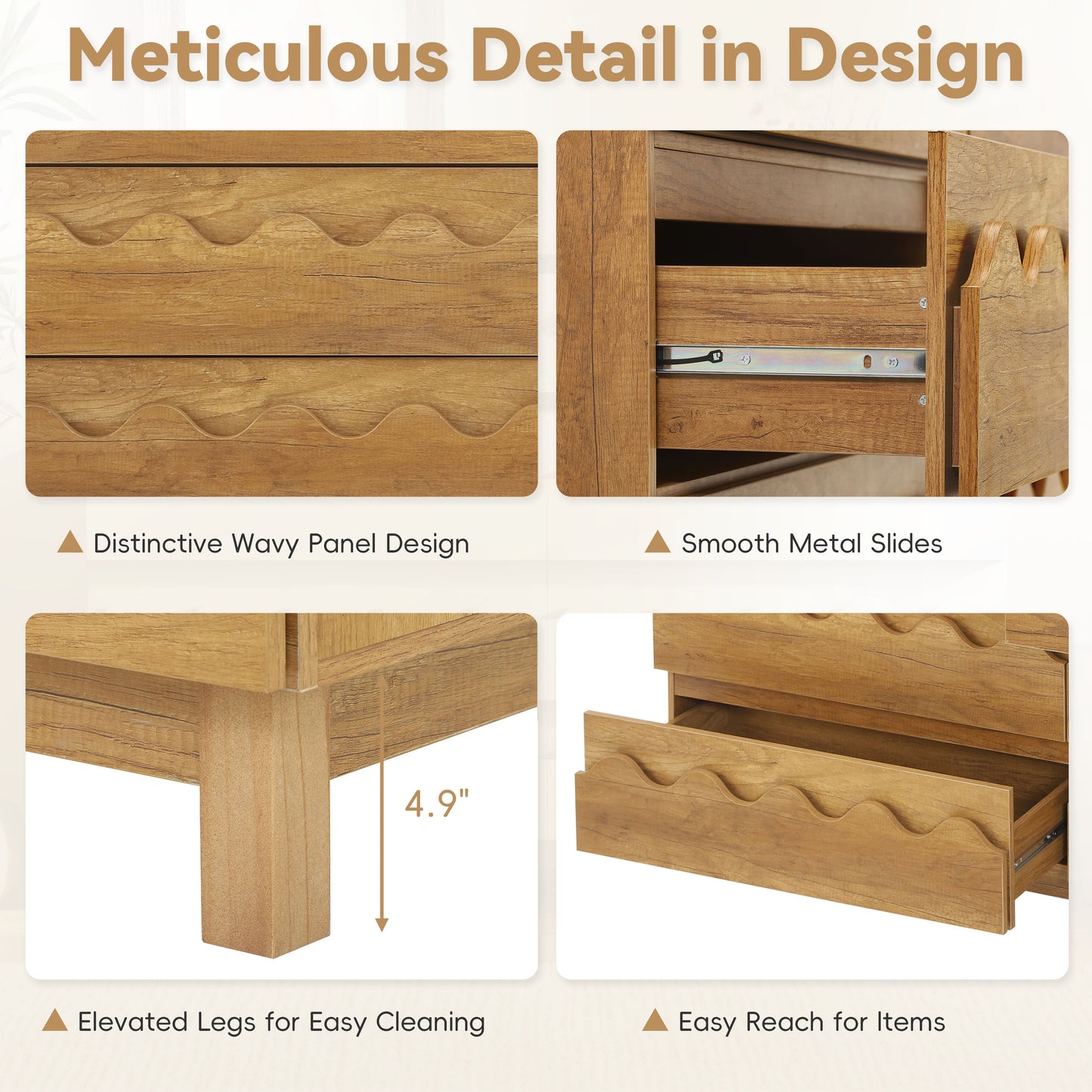 60" 6-Drawer Dresser with Wave Front Design - Modern TV Stand & Bedroom Chest of Drawers, Natural Oak