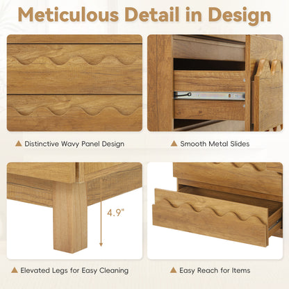 60" 6-Drawer Dresser with Wave Front Design - Modern TV Stand & Bedroom Chest of Drawers, Natural Oak