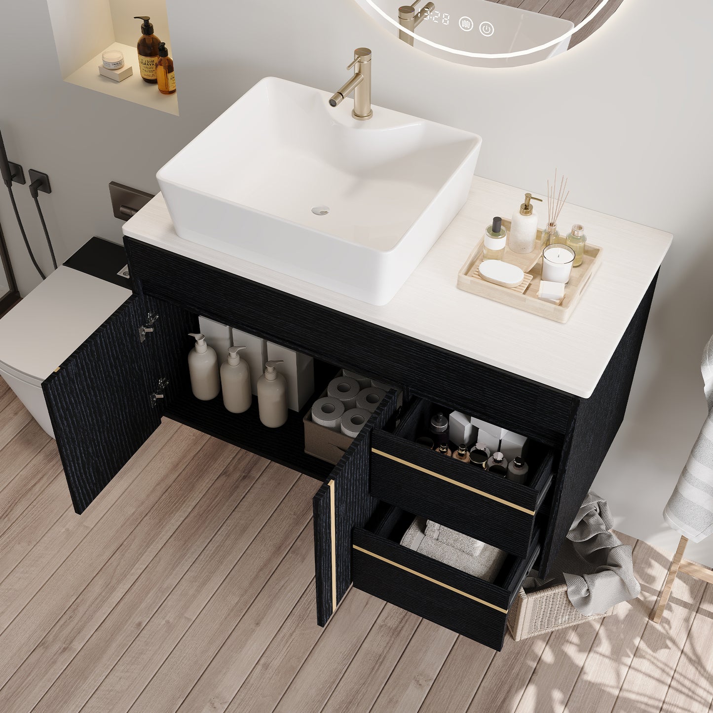 36  Wall-Mounted Bathroom Vanity With Vessel Ceramic Sink & Plywood Countertop -Soft-Close Door & Drawers, Floating Design