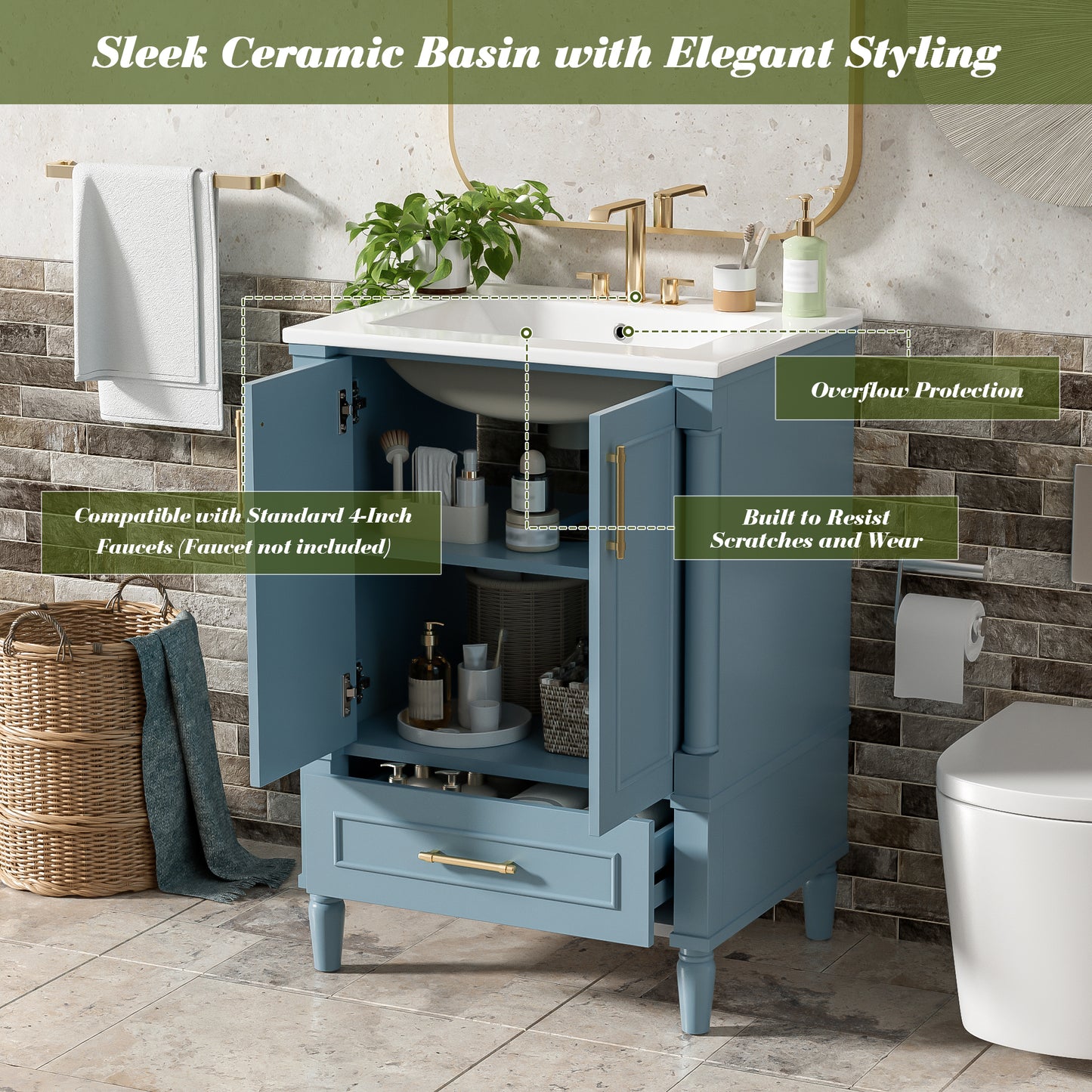 24   Modern Bathroom Vanity With Ornate Motif Design & Soft-Close Hinges,  Bathroom Cabinet With Drawer And Back Open Structure, Ornately Carved French Cylinder Legs