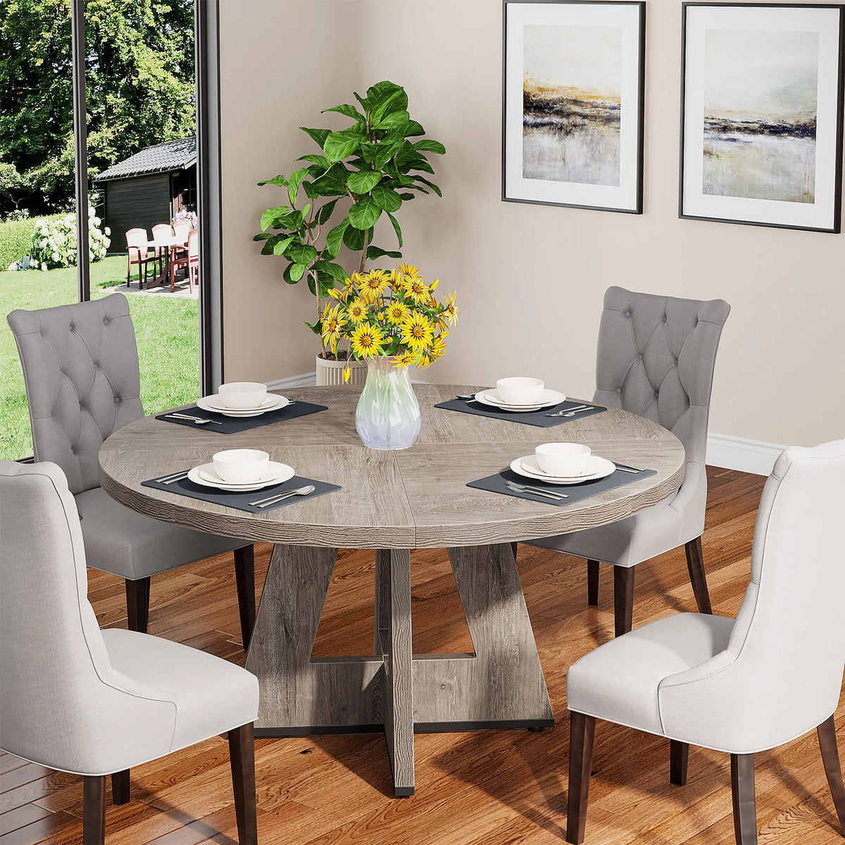 Round Dining Table for 4-6, 47" Kitchen Table with Pedestal Base and Thick MDF Top, Grey