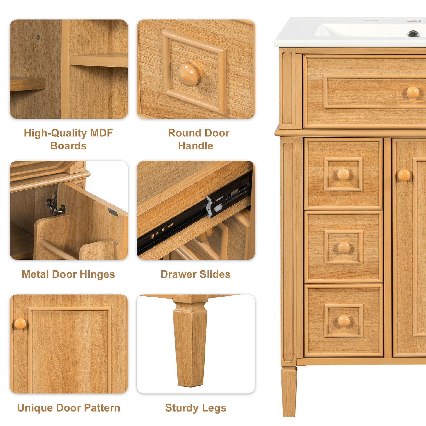 Bathroom Vanity With Sink, Wood Vanity Cabinet With Flip-Out Drawer, 2 Soft-Close Drawers, 1 Soft-Close Door, Solid Wood & MDF, Elegant Wood Handles, Warm Oak