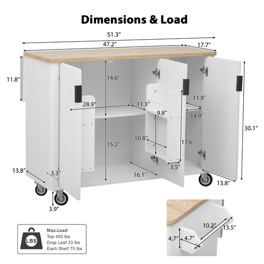 51" Fluted Kitchen Island with Drop Leaf, Rolling Kitchen Cart with Internal Storage Rack and Towel Rack, White