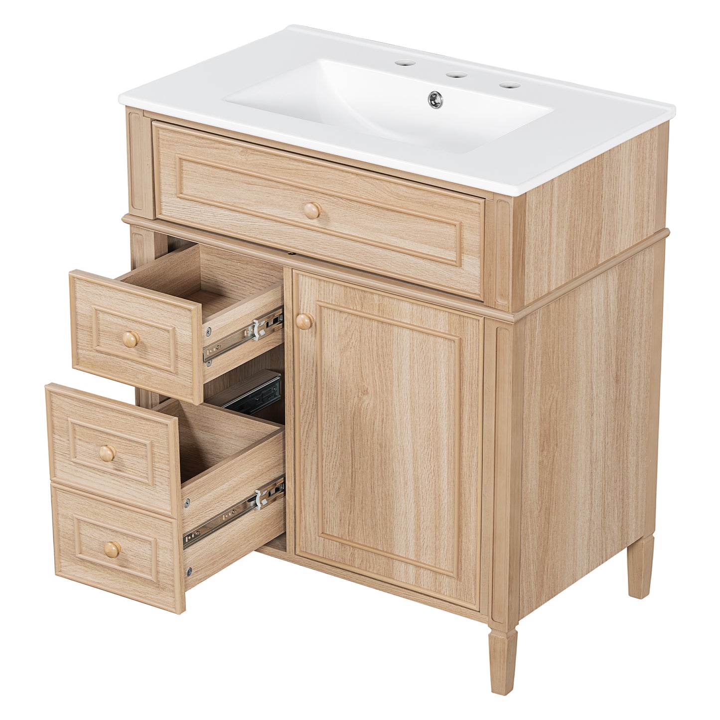 30" Bathroom Vanity with Sink - Light Oak, Solid Wood & MDF, Soft-Close Drawers & Door