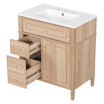 30" Bathroom Vanity with Sink - Light Oak, Solid Wood & MDF, Soft-Close Drawers & Door