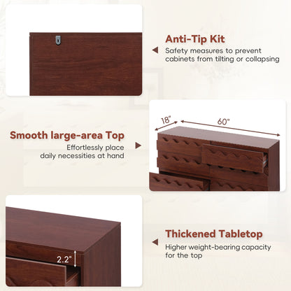 6-Drawer Dresser with Wave Front Design - Modern TV Stand & Bedroom Chest of Drawers, Walnut