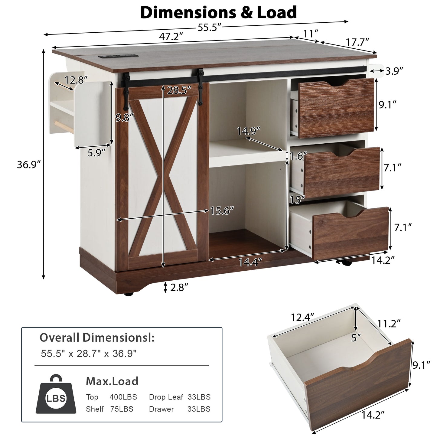 55.5" Farmhouse Kitchen Island with Drop Leaf, Sliding Barn Door, Power Outlet and Spice Rack, Rolling Kitchen Cart, White