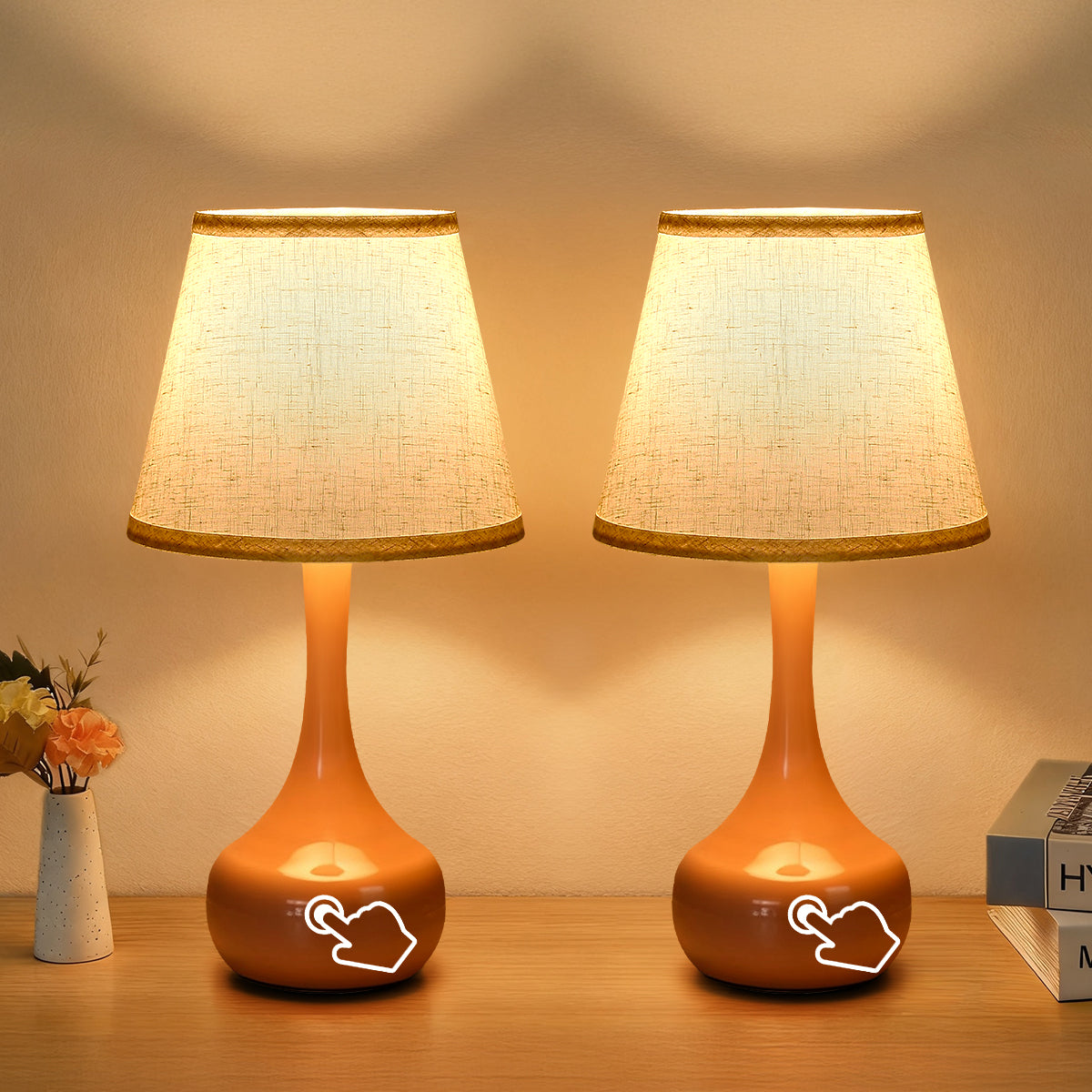Dimmable Bedside Table Lamps - Set of 2 | Touch Control, Linen Shade, LED Bulbs Included - Beige