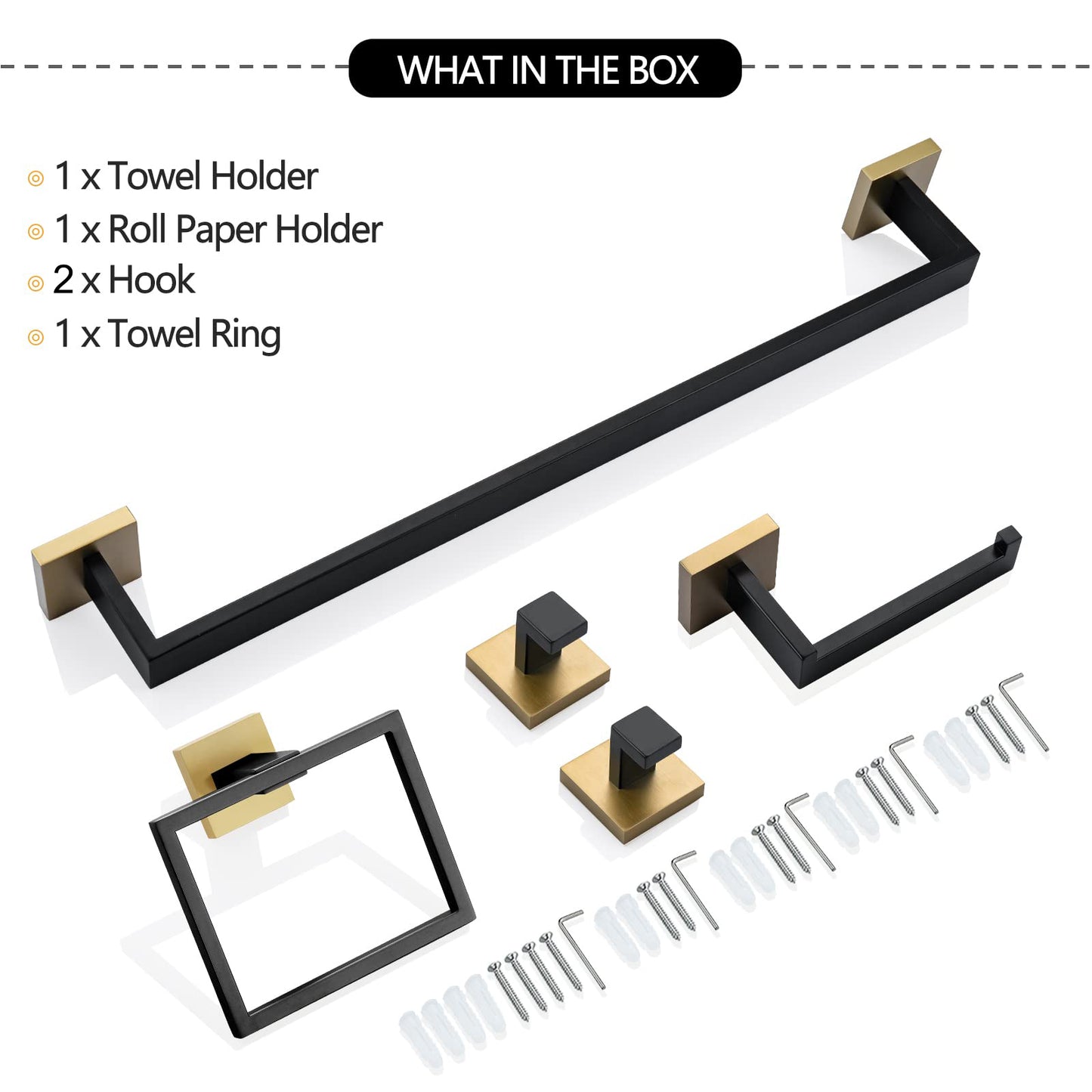 5 Pieces Bathroom Hardware Accessories Set Towel Bar Set Wall Mounted,Stainless Steel, Black Gold