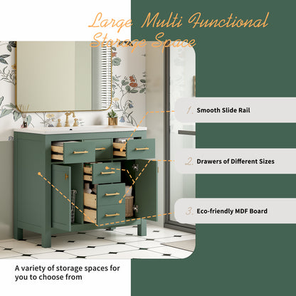 36'' Bathroom Vanity With Ceramic Sink Combo Set, Modern Freestanding Single Bathroom Cabinet With 4 Drawers & 2 Cabinets,Storage Cabinet For Bathroom, Solid Wood Frame Vanity Set, Green
