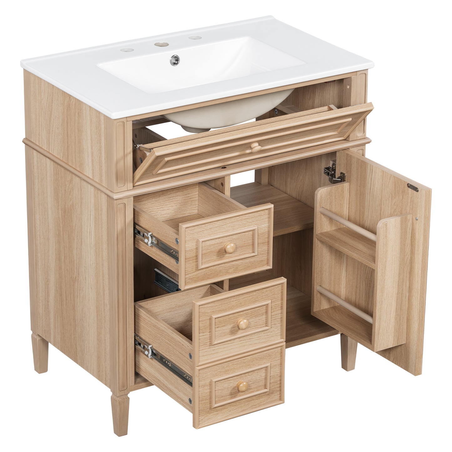 30" Bathroom Vanity with Sink - Light Oak, Solid Wood & MDF, Soft-Close Drawers & Door