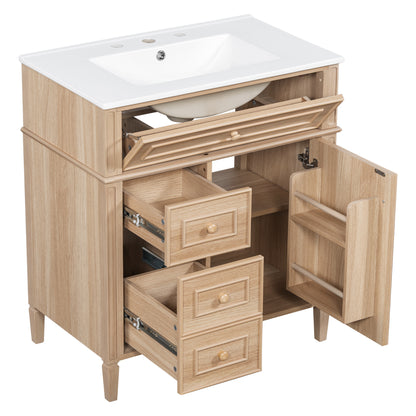 30" Bathroom Vanity with Sink - Light Oak, Solid Wood & MDF, Soft-Close Drawers & Door
