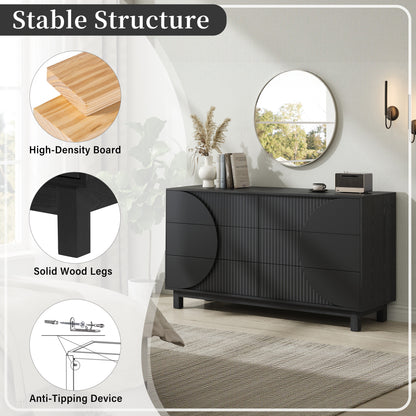 60" Fluted 6-Drawer Dresser with Solid Wood Legs & TV Stand Top - Modern Bedroom Chest, Carbon Black