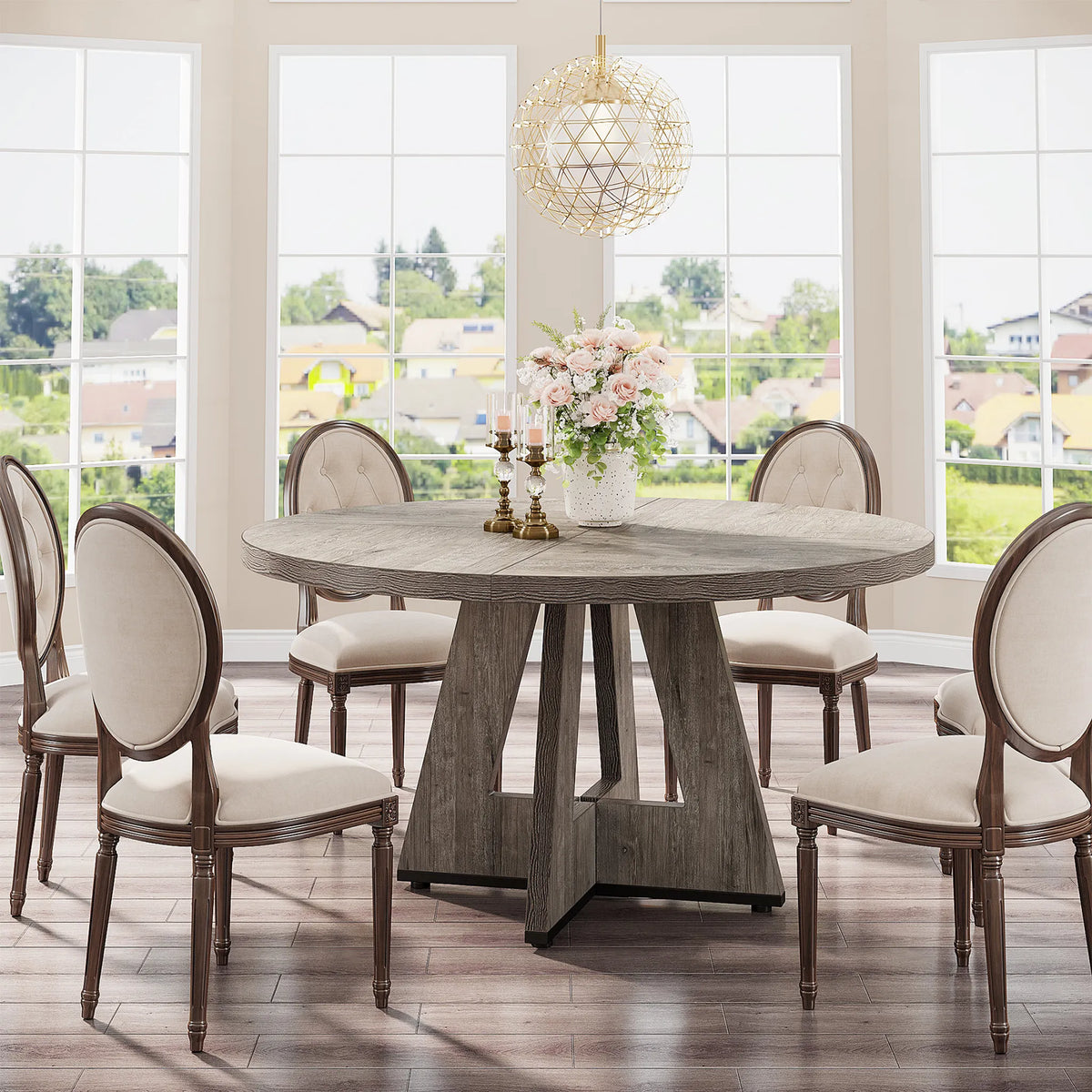 Round Dining Table for 4-6, 47" Kitchen Table with Pedestal Base and Thick MDF Top, Grey