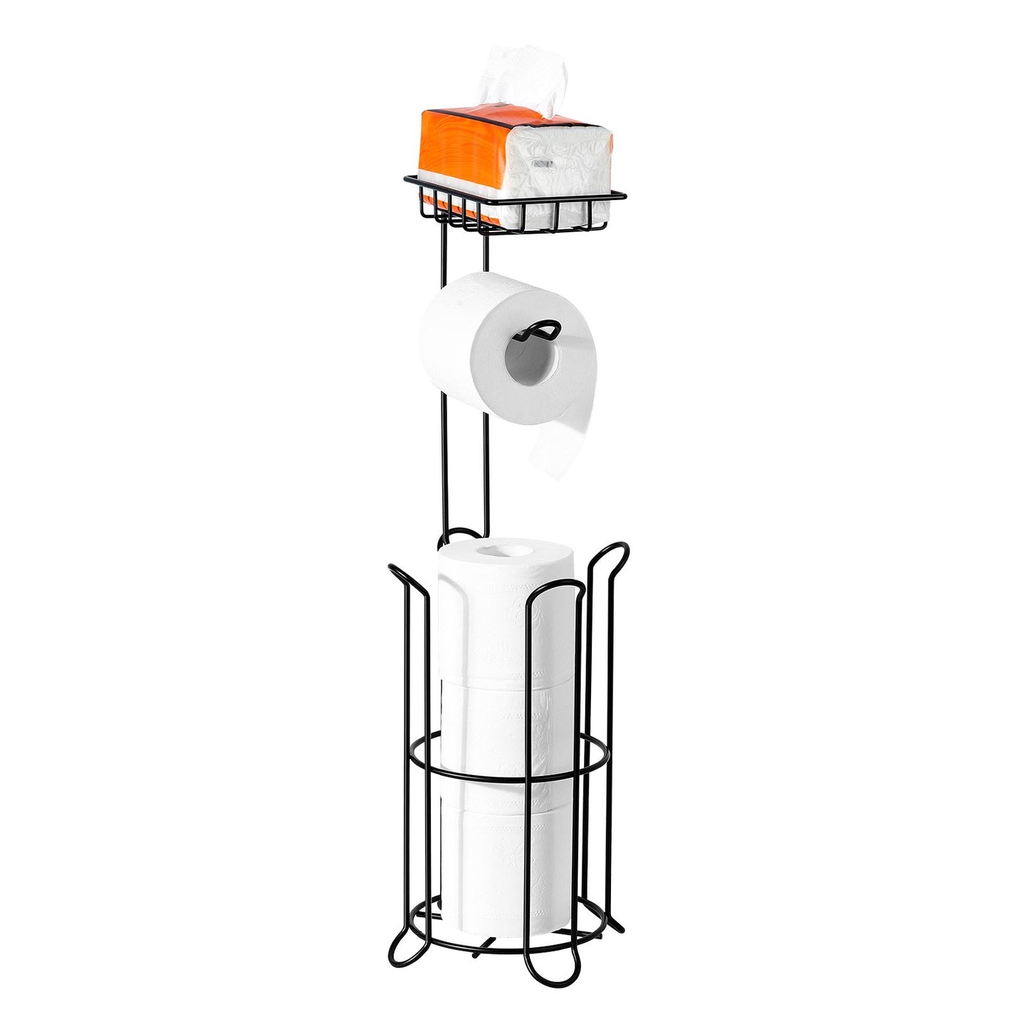 Free Standing Toilet Paper Holder With Shelf, 3-in-1 Premium Metal Material, Store Up To 4 Mega Rolls, Elevated Base Design, Tissue Roll Storage Rack For Bathroom, Washroom, Matte Black