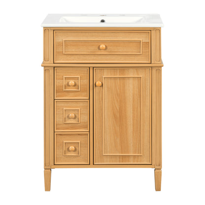 Bathroom Vanity With Sink, Wood Vanity Cabinet With Flip-Out Drawer, 2 Soft-Close Drawers, 1 Soft-Close Door, Solid Wood & MDF, Elegant Wood Handles, Warm Oak