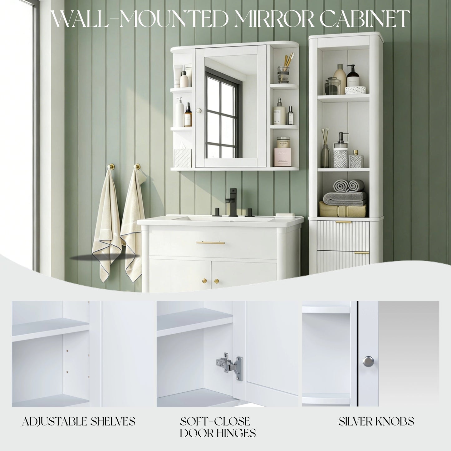 Bathroom Wall Storage Cabinet With Mirror, Medicine Cabinet With Adjustable Wood Shelf & Doors, Mounted Storage Cabinets With 6 Open Shelves, White